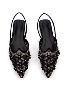 女士優雅水鑽和鉚釘點綴花卉圖案絨面尖頭露跟平底凉鞋,適合日常和派對穿著woman party shoes