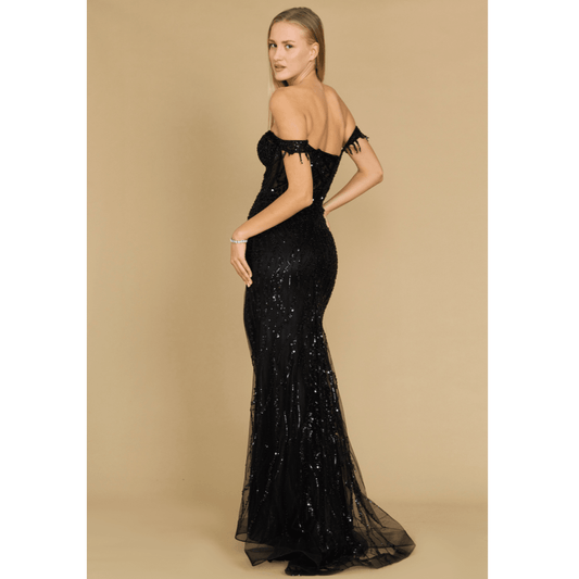 Fitted Off Shoulder Sequin Prom Formal Dress Black