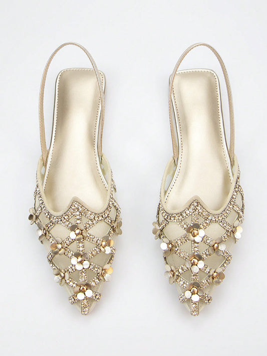 女士優雅水鑽和鉚釘點綴花卉圖案絨面尖頭露跟平底凉鞋，適合日常和派對穿著woman party shoes